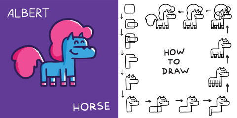 Step by step instructions for drawing horse for kids. Drawing scheme of cute cartoon doodle pony for child. Handdrawn illustration with line art animal. Drawing lesson for children. How to draw