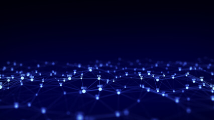 Obraz premium Abstract technology wave of particles. Big data visualization. Dark background with motion dots and lines. Artificial intelligence. 3d rendering.