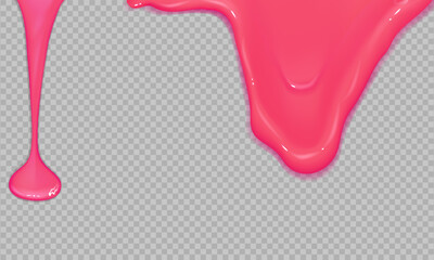 Flowing realistic pink sweet melting icing on transparent background.Dripping glossy pink slime.Spreading sause,cream, milk or caramel.Border of shiny flowing sticky.
