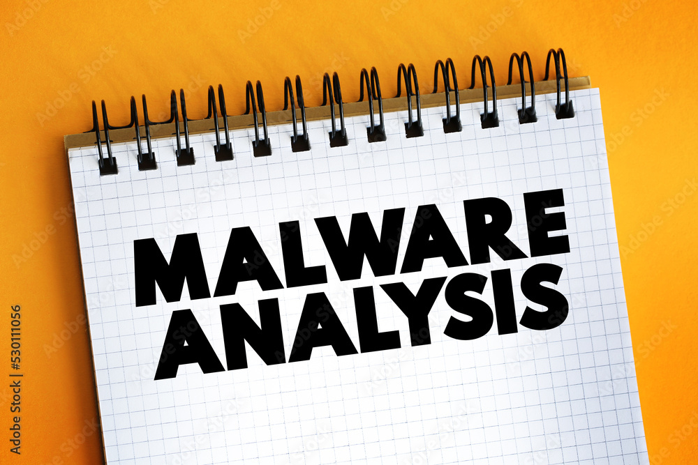 Poster malware analysis text on notepad, concept background