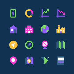 Navigation and buildings - set of flat design style neon icons