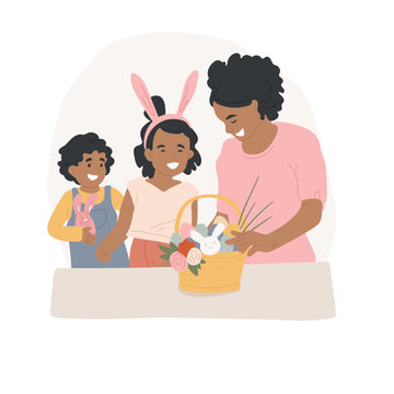 Easter basket isolated cartoon vector illustration. Smiling mother give kids Easter basket, mom and daughter having fun together, religious holiday celebration, festive mood vector cartoon.