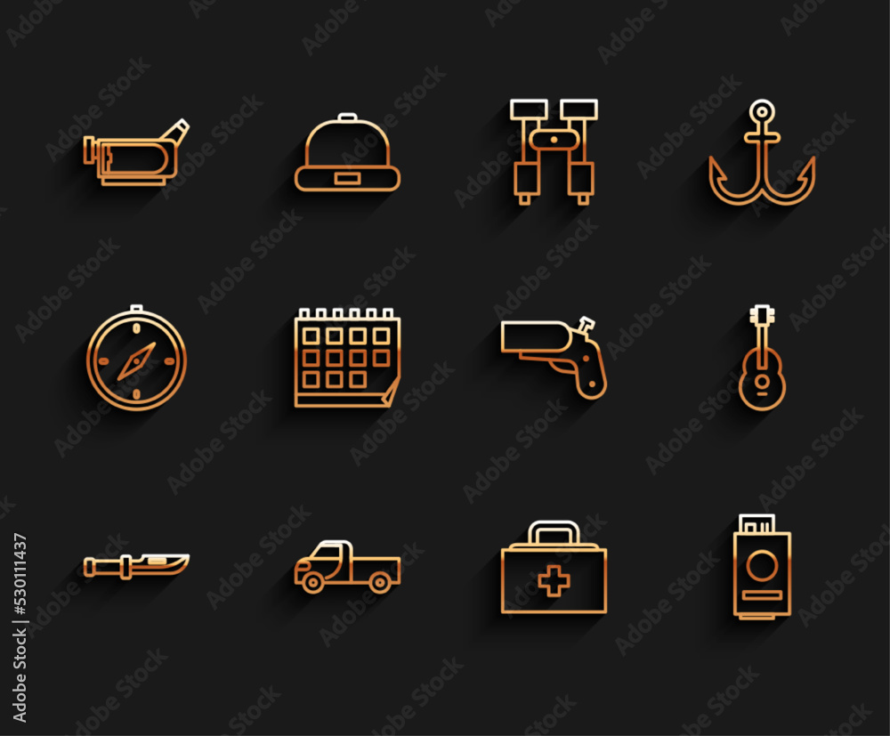 Wall mural Set line Camping knife, Pickup truck, Cinema camera, First aid kit, Passport with ticket, Calendar, Guitar and Flare gun pistol icon. Vector