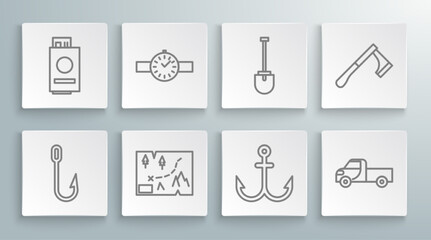 Set line Fishing hook, Wrist watch, Folded map with location, Anchor, Pickup truck, Shovel, Wooden axe and Passport ticket icon. Vector