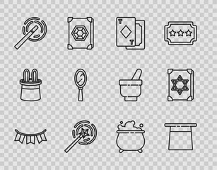 Set line Carnival garland with flags, Magician hat, Playing cards, wand, hand mirror, Witch cauldron and Ancient magic book icon. Vector