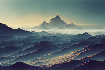 Fantasy Mountain Landscape with Distant Misty Mountain, Mountainscape