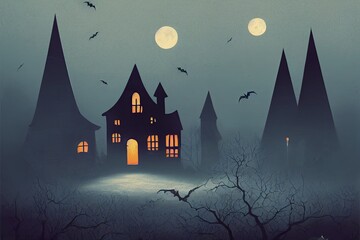Happy Halloween background, scary creepy forest in night.