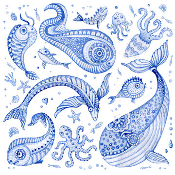 Set of indigo blue fairy tale sea animals. Watercolor fantasy fish, whale, coral, sea shells, bubbles, isolated on a transparent background