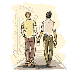 Happy men together. Gay couple. Hand drawn sketch.