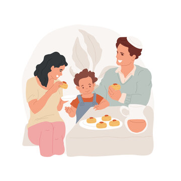 Sufganiyot isolated cartoon vector illustration. Happy family members eating sufganiyot and celebrating Hannukah at home, religious holidays, jewish jam-filled donuts vector cartoon.