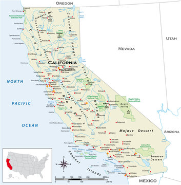 Highly detailed physical map of the US state of California