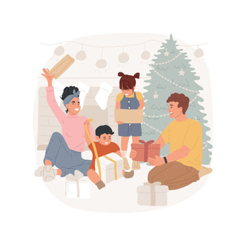 Opening presents isolated cartoon vector illustration. Excited family with kids opening xmas presents together, winter holiday spirit, Christmas time celebration, festive days vector cartoon.