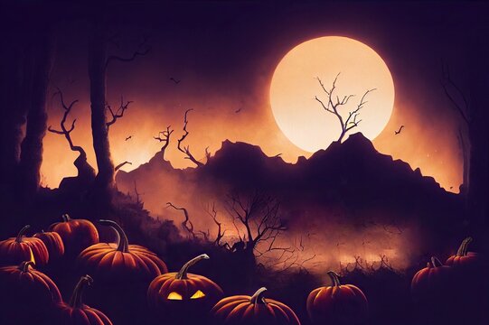 Happy Halloween background, scary pumpkins in creepy forest in night backdrop.