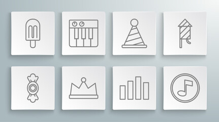 Set line Candy, Music synthesizer, Crown, equalizer, note, tone, Party hat, Firework rocket and Ice cream icon. Vector