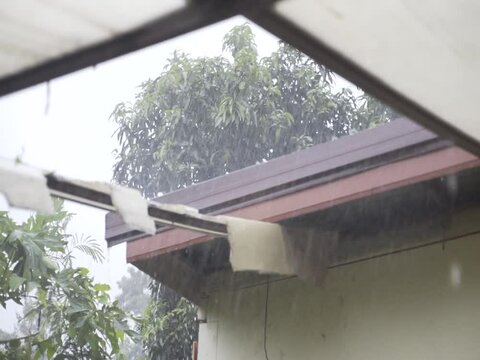 heavy rain. Slow motion of raindrops. Rainy or typhoon season. Extreme weather caused by global warming
