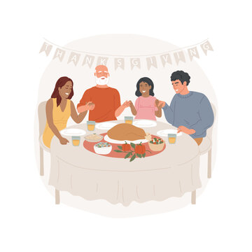 Dinner blessing isolated cartoon vector illustration. Family holding hands and praying at the table before dinner, Thanksgiving Day celebration together, public holiday spirit vector cartoon.