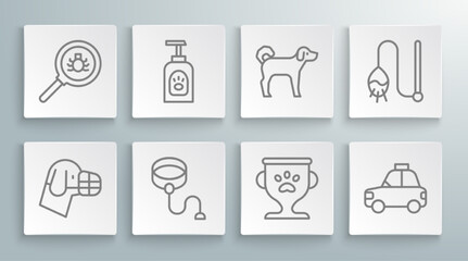 Set line Dog in muzzle, Pet shampoo, Retractable cord leash, award, car taxi, cat toy and Flea search icon. Vector