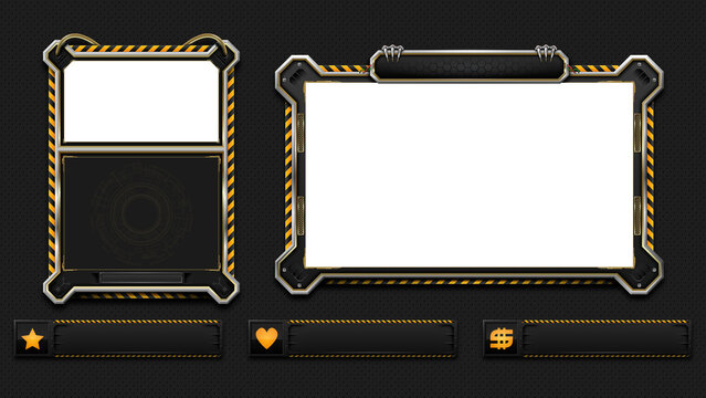 Beautiful industrial themed overlay that features areas for a web cam, desktop view, three recent event panels specific to most recent donation, subscriber, follower.