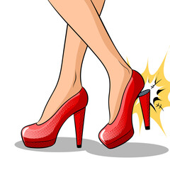 Woman broke heel on her red shoes pop art PNG illustration with transparent background