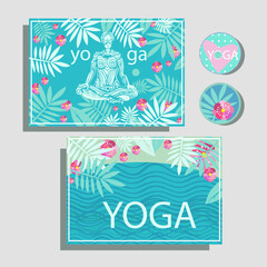 card gift coupon for yoga club with health body and tropic flowers