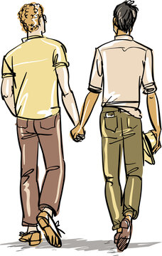 Happy men together. Gay couple. Hand drawn sketch.
