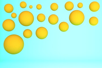 3d rendering various golden spheres on a blue background