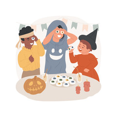 Food jokes isolated cartoon vector illustration. Happy kids playing tricks during party with sweets, Halloween food jokes, having fun together, public holiday celebration vector cartoon.