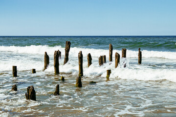 Seascape, row of wooden piles on sandy beach, blue sky, blue sea water of Baltic sea,  Filinskaya bay beach, Russia. .Old weathered wooden poles in water. Summer day, waves and wind