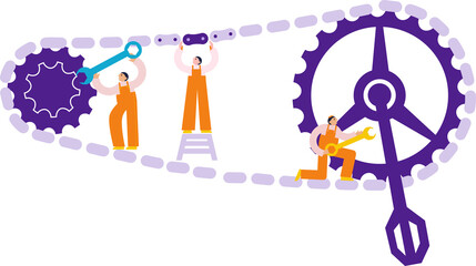 Bicycle service workers fix bike detail. Fixing of cycle chain pedal chain rings. Flat illustration
