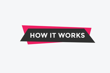 How it works text button. How it works sign speech bubble. Web banner label template. Vector Illustration
