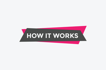 How it works text button. How it works sign speech bubble. Web banner label template. Vector Illustration
