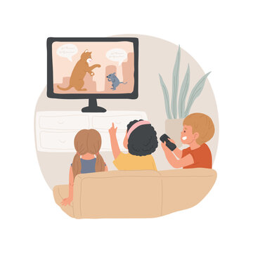 Kids watching cartoons isolated cartoon vector illustration. Children sitting on couch, cartoons on screen, holding remote control, kids home entertainment, family leisure time vector cartoon.