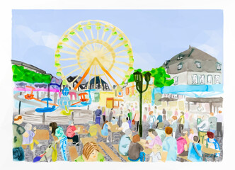 Watercolour Brilon Michaelis fair. Many people bustle about on the market square. Roundabouts and the Ferris wheel stand in front of the half timbered houses. Vector in Low Poly style. - obrazy, fototapety, plakaty