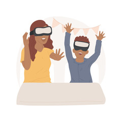 VR games isolated cartoon vector illustration. Game night, leisure time, family at the table wearing headsets, virtual reality at home, parents and kids having fun in VR glasses vector cartoon.