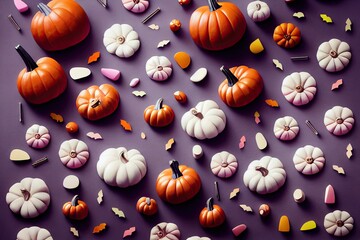 Happy Halloween background, many pumpkins pattern illustration on purple.