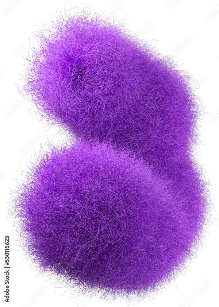 Wall mural 3d rendering fluffy purple abstract png shape isolated on transparent background. Creative hairy element for collages, art decoration for presentation, social media. Trendy realistic shape.