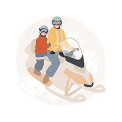 Snowmobile isolated cartoon vector illustration. Snowmobiling adventure, family winter recreation, seasonal resort, riding snowmobile together with kids, wearing helmet, holiday vector cartoon.