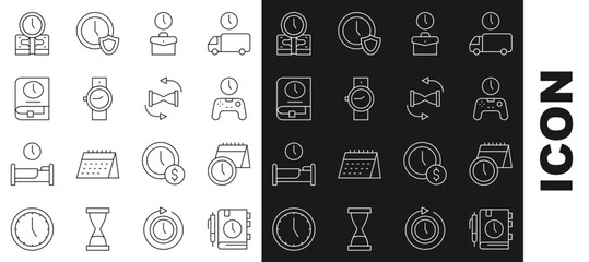 Set line Daily paper notepad, Calendar and clock, Gamepad of time, Work, Wrist watch, Time for book, money and Old hourglass with sand icon. Vector © Oksana