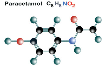 Paracetamol acetaminophen drug molecule. Sheet of paper in cage. Chemical formula and molecule model.