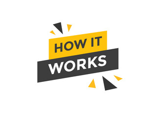 How it works text button. How it works sign speech bubble. Web banner label template. Vector Illustration
