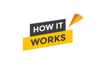 How it works text button. How it works sign speech bubble. Web banner label template. Vector Illustration

