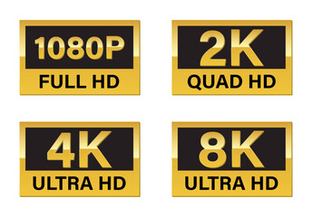 Set of video dimensions SD, HD, FHD, 4K, 6K, 8K. Set of video resolution isolated on white background. Vector stock