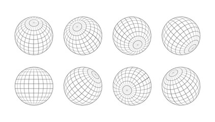 3d spheres globe earth. Globe icons in different angles. Vector illustration. Isolated linear globe grid