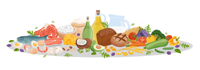 Set of healthy macronutrients. Fiber, proteins, fats and carbs presented by food products. Vector illustration of nutrition categories. Balanced nutrition. Healthy food