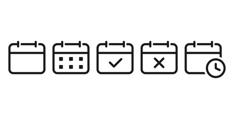 Calendar Icons Vector Set. Time and Seasons Simple Contour Line Style Signs. Vector Symbols of Diary, Organizer, Calender, Week, Months, Year, Date on gray color background