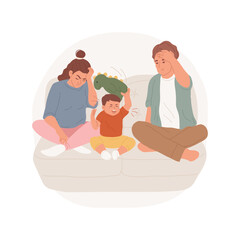 Disobedient child isolated cartoon vector illustration. Children upbringing, parents stressed, kid screaming, throwing a toy, disobedient toddler, hysterical behavior, bad mood vector cartoon.