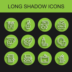 Set line Cleaning service for window, Home cleaning, Drying clothes, Washbasin, vase, Socks, Washing dishes and Dishwashing liquid bottle icon. Vector