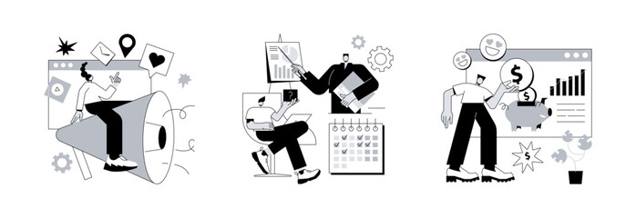 Company public relations abstract concept vector illustration set. PR, events and sponsoring, promotion strategy, event calendar, company investment program, website menu bar abstract metaphor.