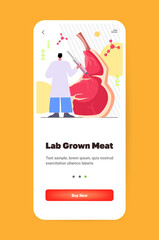 chemist with syringe injecting cultured raw red beef meat made from animal cells artificial lab grown meat production