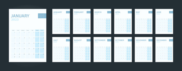 Vertical calendar 2023, set of 12 pages of calendar 2023. - obrazy, fototapety, plakaty